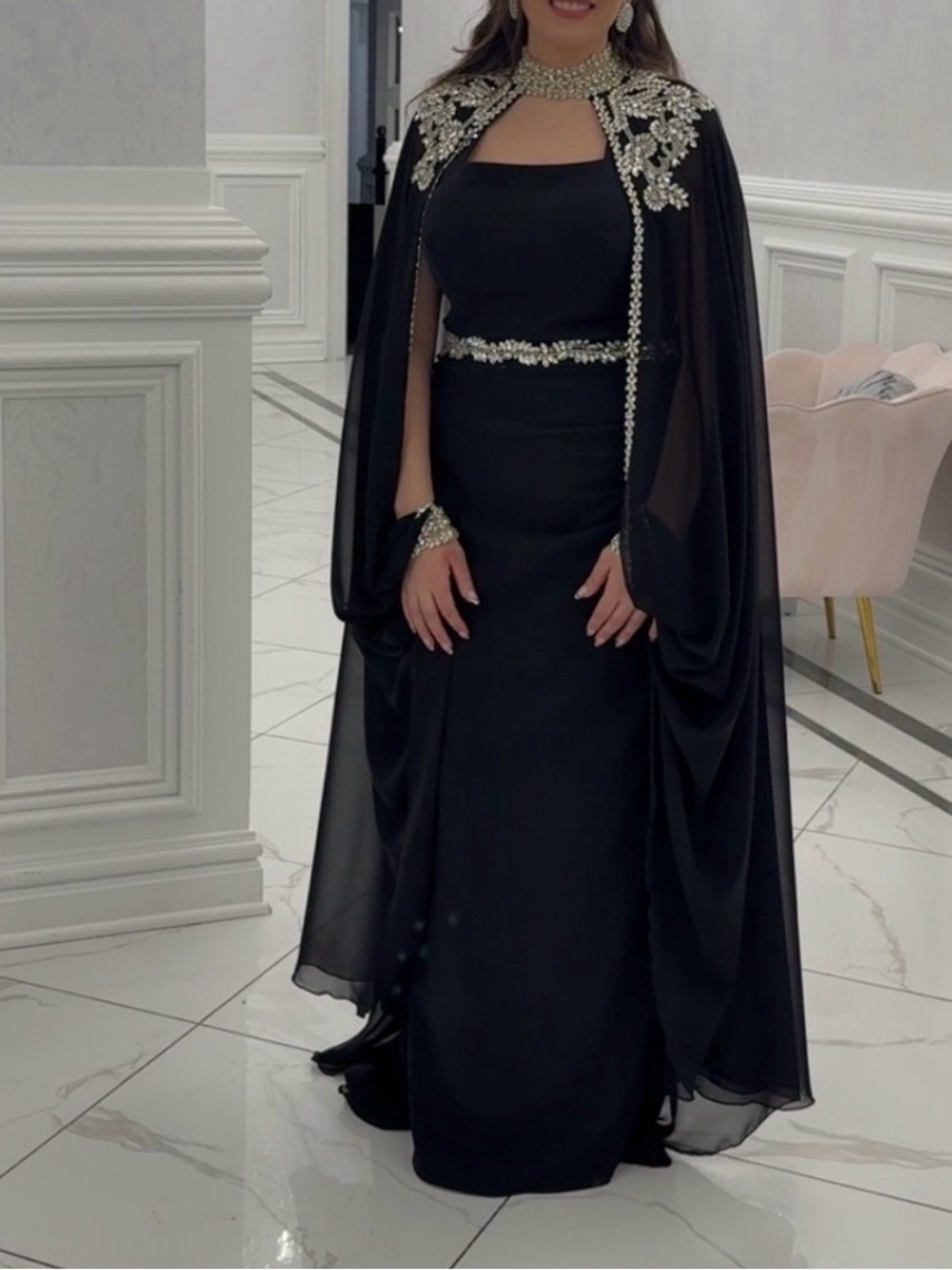 Elegant Black Embellished Cape-Back Evening Dress